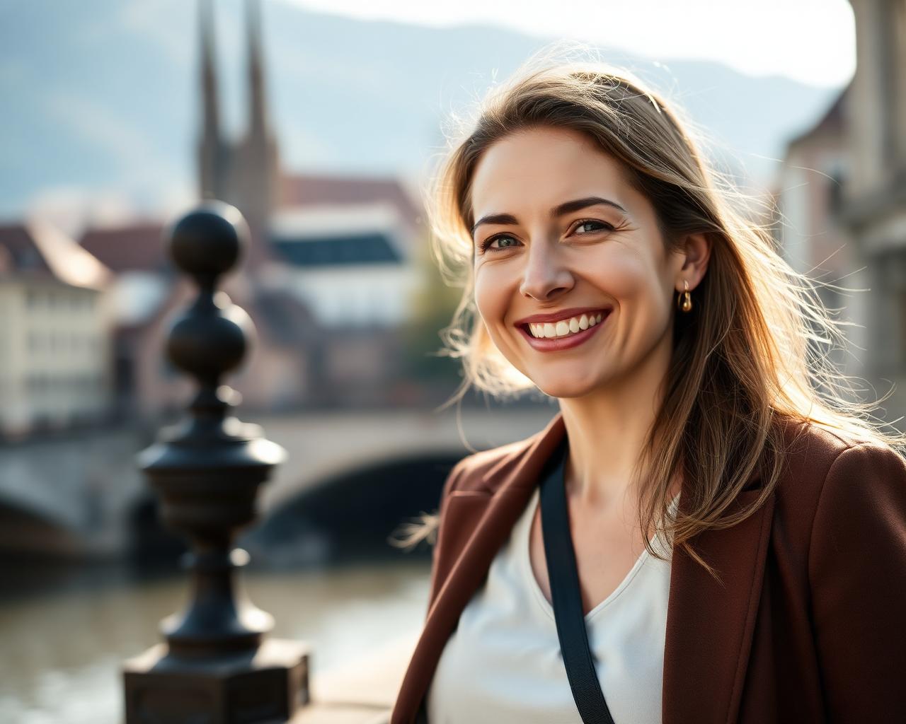 Femme souriante devant la vieille ville de Berne et l'Aar