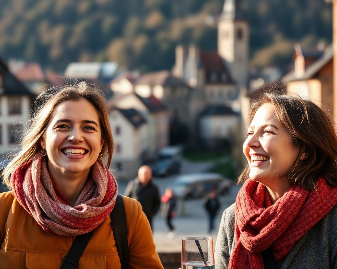 Deux amies souriantes devant la vieille ville de Fribourg