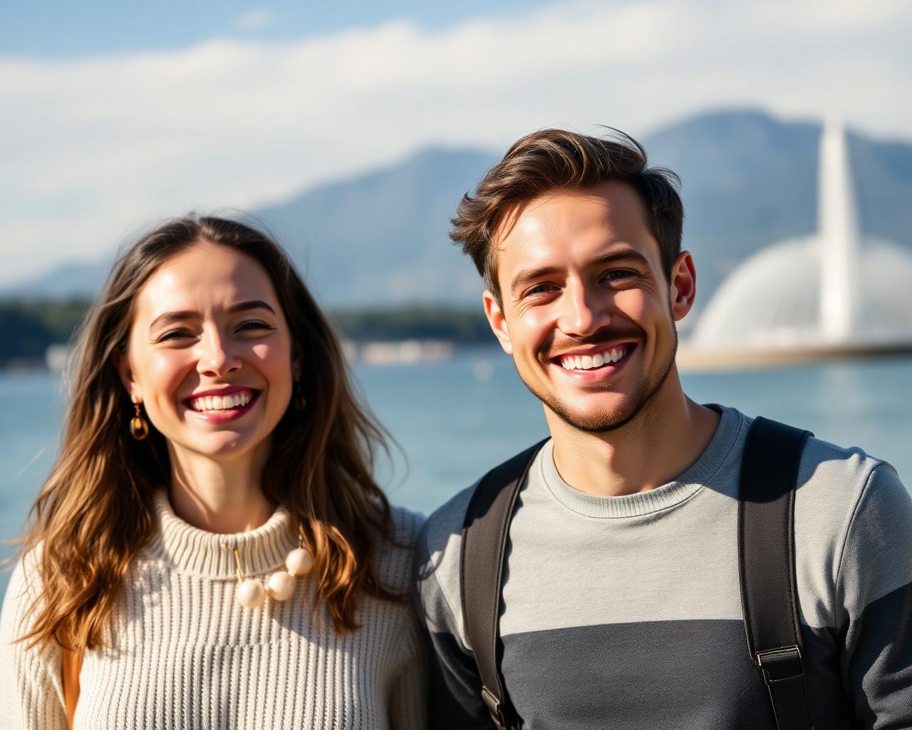 Couple genevois souriant devant le Jet d'eau et la rade de Genève