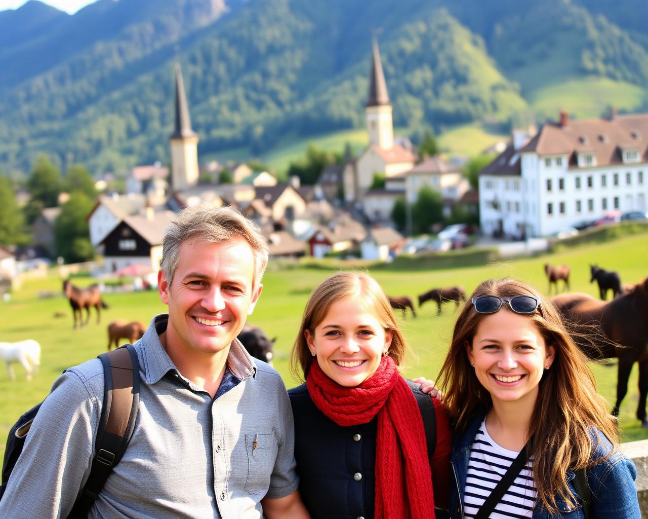Famille jurassienne souriante devant la vieille ville de Delémont et les pâturages du Jura
