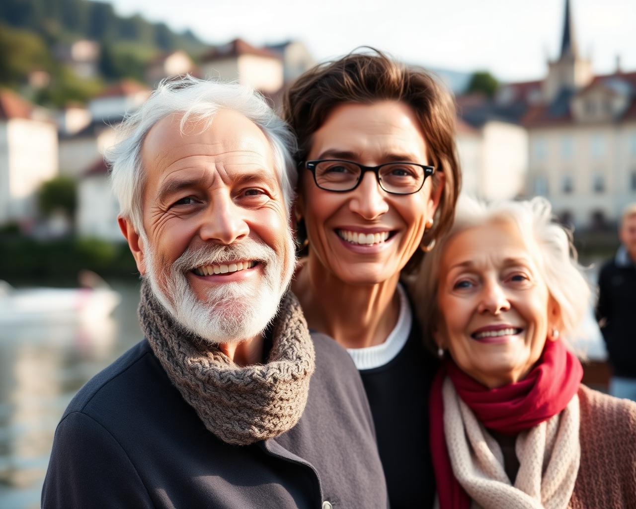 Couple de seniors souriant devant le lac et la vieille ville de Neuchâtel