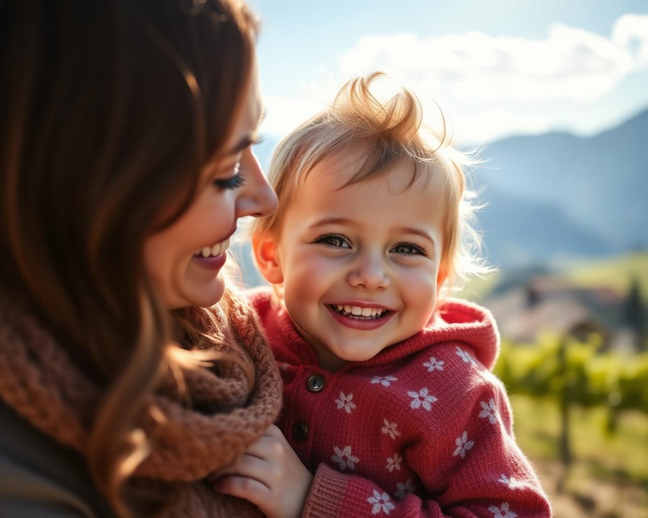 Maman et son enfant souriant devant les montagnes et vignes valaisannes