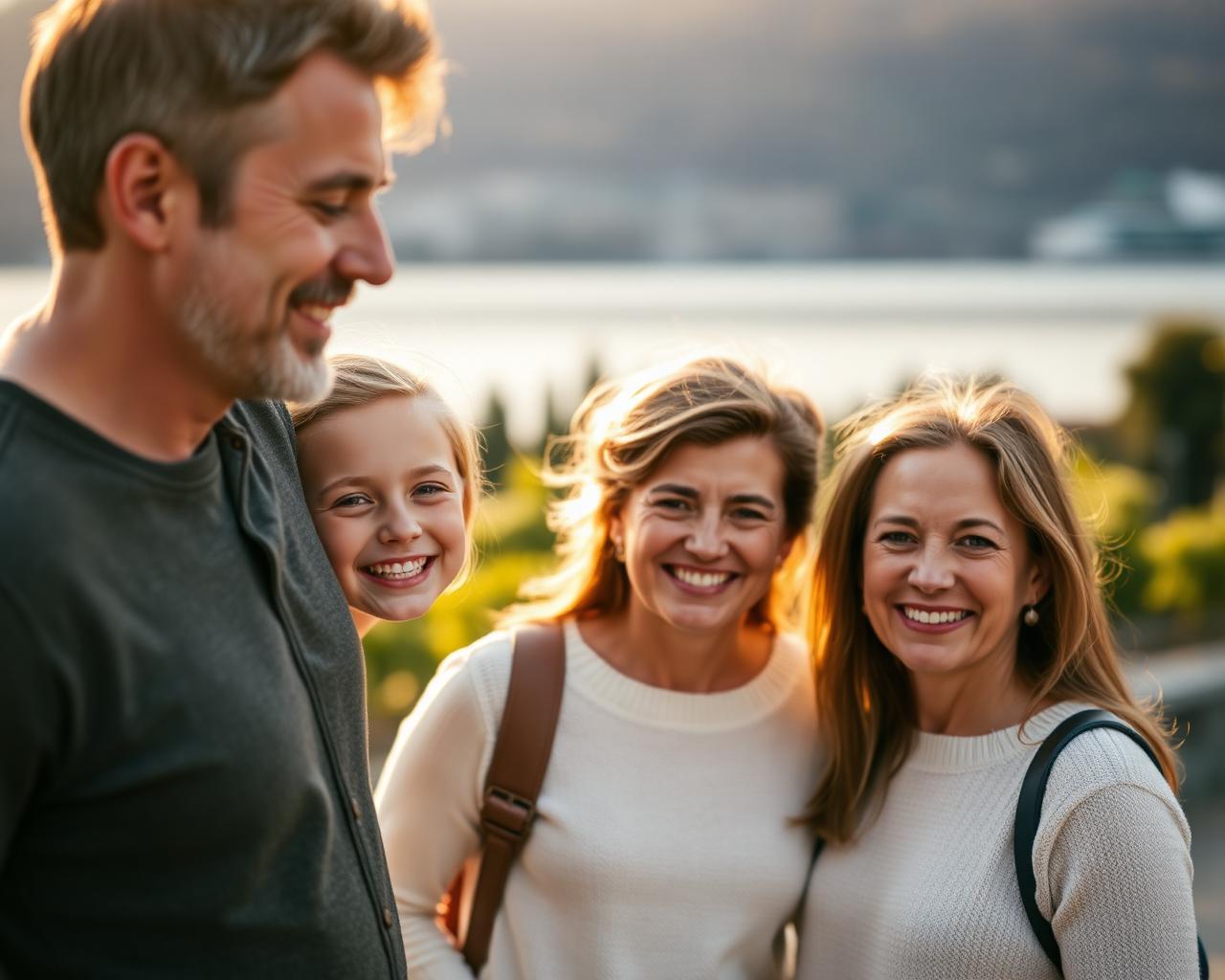 Famille vaudoise souriante devant le lac Léman et les vignes de Lavaux